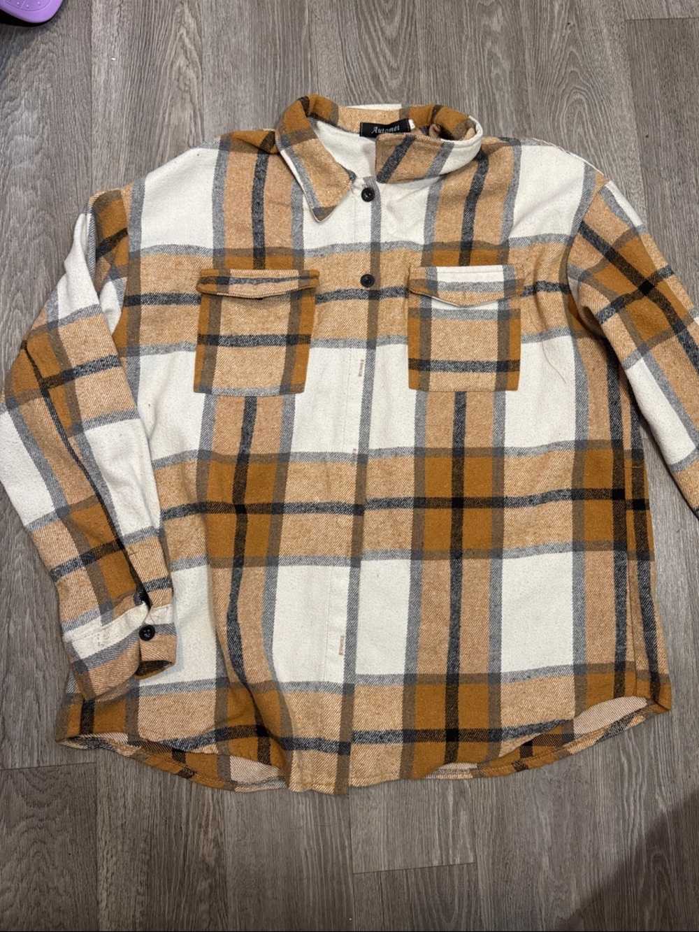 Women’s large Plaid Button-Up Shacket Jacket - Cream & Mustard